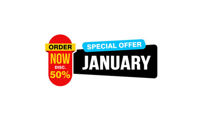50 Percent JANUARY discount offer, clearance, promotion banner layout with sticker style. 