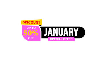 50 Percent JANUARY discount offer, clearance, promotion banner layout with sticker style. 