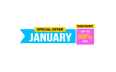50 Percent JANUARY discount offer, clearance, promotion banner layout with sticker style. 