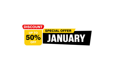 50 Percent JANUARY discount offer, clearance, promotion banner layout with sticker style. 