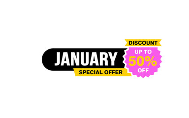 50 Percent JANUARY discount offer, clearance, promotion banner layout with sticker style. 