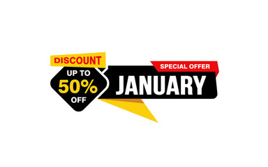 50 Percent JANUARY discount offer, clearance, promotion banner layout with sticker style. 