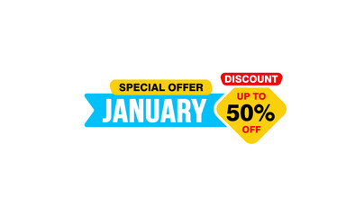 50 Percent JANUARY discount offer, clearance, promotion banner layout with sticker style. 