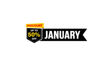 50 Percent JANUARY discount offer, clearance, promotion banner layout with sticker style. 