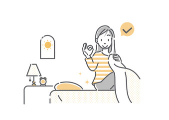 さわやかに目覚める生理中の女性　シンプルでお洒落な線画イラスト