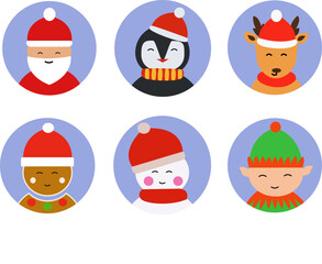 Set of icons with Christmas characters. Vector illustration. Penguin, gingerbread, snowman, Santa Claus, deer, elf
