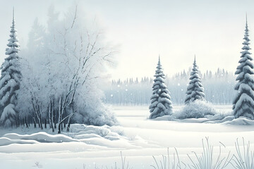Hintergrund Illustration einer schneebedeckten Winterlandschaft mit Tannen, Baum und Schneeflocken