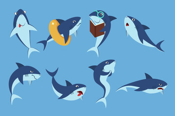 Different emotions of comic shark vector illustrations set. Underwater animal cartoon character reading, swimming, angry, disgusted creature isolated on blue background. Wildlife, emotions concept