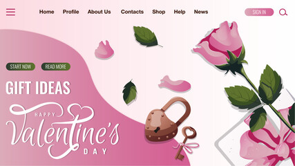 Fototapeta na wymiar Pink rose, petals, padlock. Happy Valentine's Day, Romance, Love concept. Vector illustration for poster, banner, website, advertising.