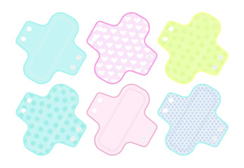 Eco-friendly pads for women vector illustrations set. Collection of cartoon drawings of different designs of reusable menstrual pads isolated on white background. Menstruation, hygiene concept