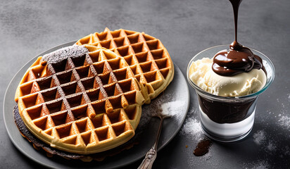 professional food photography close up ofPlate of Belgian waffles with chocolate sauce and ice cream on a dark gray background