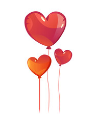 Flying red heart balloons isolated on white background. Happy Valentines Day design element. Vector illustration in cartoon style.