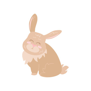 Funny brown rabbit sitting on hind legs white background. Cute bunny cartoon illustration. Farm animal concept