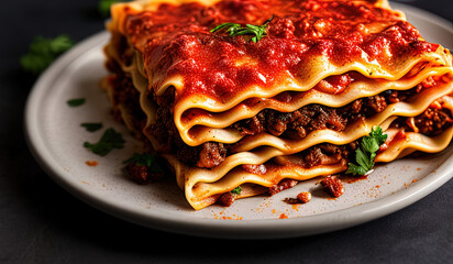 professional food photography close up of a Plate of lasagna on a dark gray background