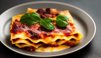 professional food photography close up of a Plate of lasagna on a dark gray background