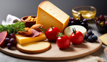 professional food photography close up of a Cheese and charcuterie board, sitting on top of a table  - AI Generated