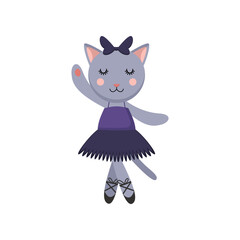 Gray cat cartoon character as ballerina in tutu skirt. Cute comic animal in dress dancing vector illustration. Ballet, fashion concept for kids or little girls - obrazy, fototapety, plakaty