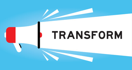 Color megaphone icon with word transform in white banner on blue background