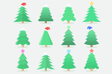 Christmas trees collection. With Christmas hats, stars and snow on top