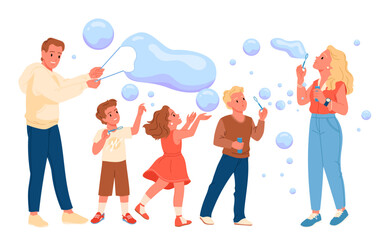 Fototapeta premium Cartoon man and woman show to cute kids big clear balloons, recreation of happy characters in nature. Family people blow soap foam bubbles and play on fun summer party in park vector illustration