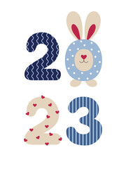 Cartoon numbers 2023 with cute rabbit, new year symbol, vertical