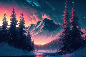 Mountain landscape in the snow. Sunrise. Pine trees, Christmas background. Generative AI.