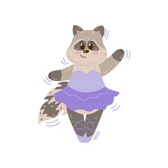 Baby raccoon as fairy in tutu and pointe shoes in Scandinavian style. Cute animal ballerina character vector illustration. Ballet concept for birthday card or shirt designs for girls