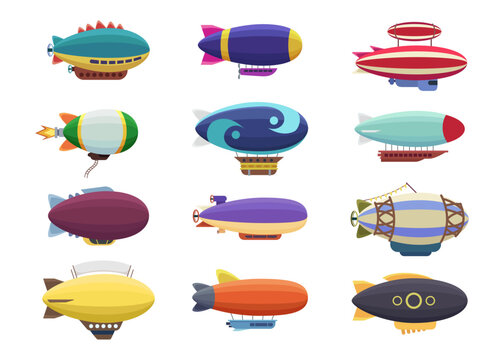 Colorful designs of airships or blimps vector illustrations set. Collection of cartoon drawings of vintage aircrafts isolated on white background. Aviation, traveling, transportation concept