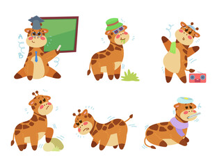 Different actions of cute comic giraffe vector illustrations set. Collection of cartoon drawings of funny animal character teaching, doing sports, eating grass. Nature, wildlife, education concept