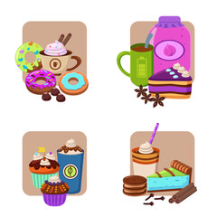 Coffee cups and desserts vector illustrations set. Collection of cartoon drawings of drinks, doughnuts, cupcakes isolated on white background. Desserts, coffee shop concept