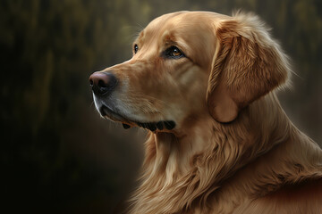 Golden retriever portrait in nature. Concept of animal life, care, health and pets. AI