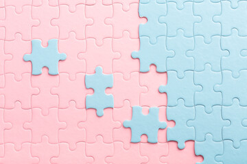 Blue puzzles and pink puzzles with separate elements