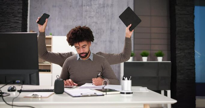 Happy Busy Business Man Multitasking