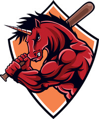 Aggressive Red Unicorn Holding Baseball Bat