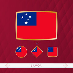 Set of Samoa flags with gold frame for use at sporting events on a burgundy abstract background.