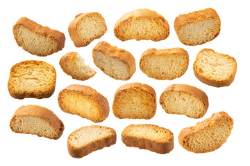 Croutons or small rebaked bread pieces, isolated png, a set of - obrazy, fototapety, plakaty