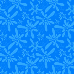 Simple floral seamless patterns. Daisy flowers in blue color. Sketch flat drawing. Botanical collage in modern trendy style.