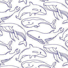 seamless pattern of blue whales with seashells and stars. Kids cloths, background, pattern, design, fabric. © Rina Design