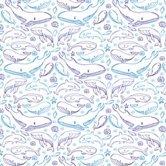 seamless pattern of blue whales with seashells and stars. Kids cloths, background, pattern, design, fabric.