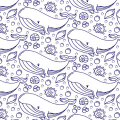 seamless pattern of blue whales with seashells and stars. Kids cloths, background, pattern, design, fabric. © Rina Design