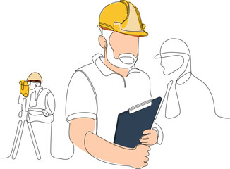 Close up of young Caucasian worker with helmet on head using tablet for work while standing in warehouse. Surveyor with a tripod icon. Geodesic tripod. Vector illustration
