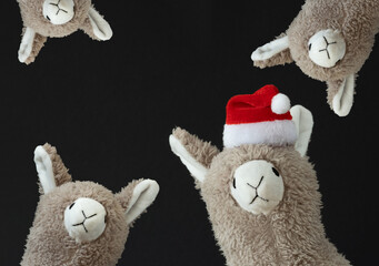 Toy lama in Christmas Santa hat with poker face looks at you. Black background.