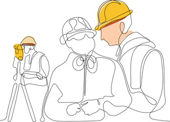 Close up of young Caucasian worker with helmet on head using tablet for work while standing in warehouse. Surveyor with a tripod icon. Geodesic tripod. Vector illustration