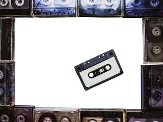 audio cassette on white background, around audio cassette frame, audio cassette frame on white...