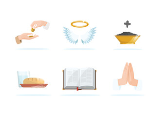 Lent season concepts set. Almsgiving, angel, ash wednesday, fasting, holy bible and prayer - 553801759