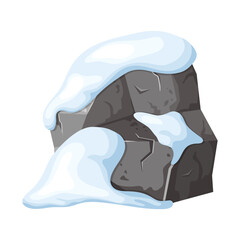 Stone and rock in snow. Snowy mountains in cartoon, heap of boulders in winter. Boulders and building material. Ice age in vector illustration
