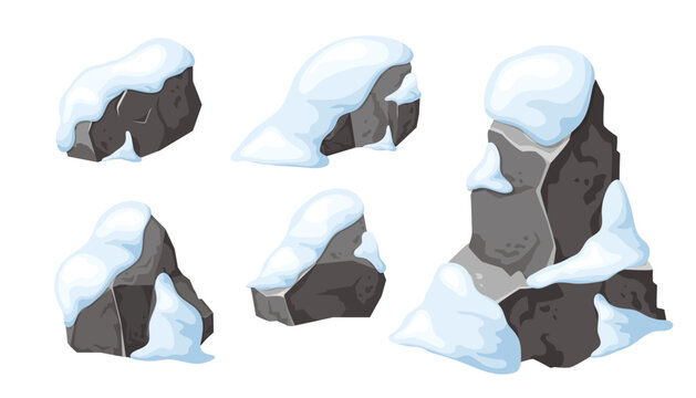 Set of stone and rock in snow. Snowy mountains in cartoon, heap of boulders in winter. Boulders and building material. Ice age in vector illustration