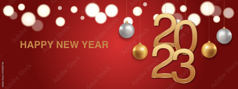Poster happy new year 2023 background. golden numbers and christmas decoration with shiny lights in red bac