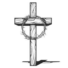 Crown of thorns of Jesus Christ on cross, crucifixion thorn or prickly wreath, religious symbol of Christianity, vector