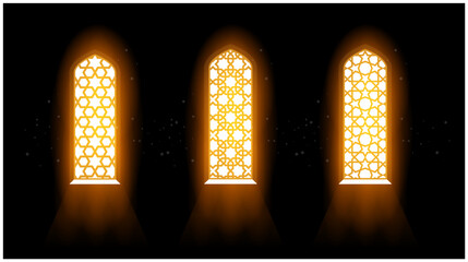 Blessing light flows through mosque window, radiance via stained-glass window with arabic grating pattern, vector
